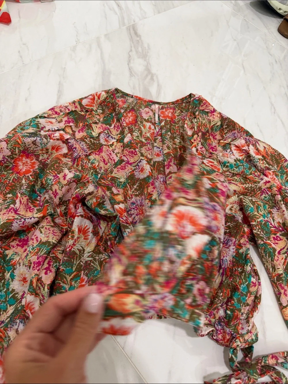 Free People Floral Tie-Waist Puff Sleeve Crop Top - Pink, Green & Brown